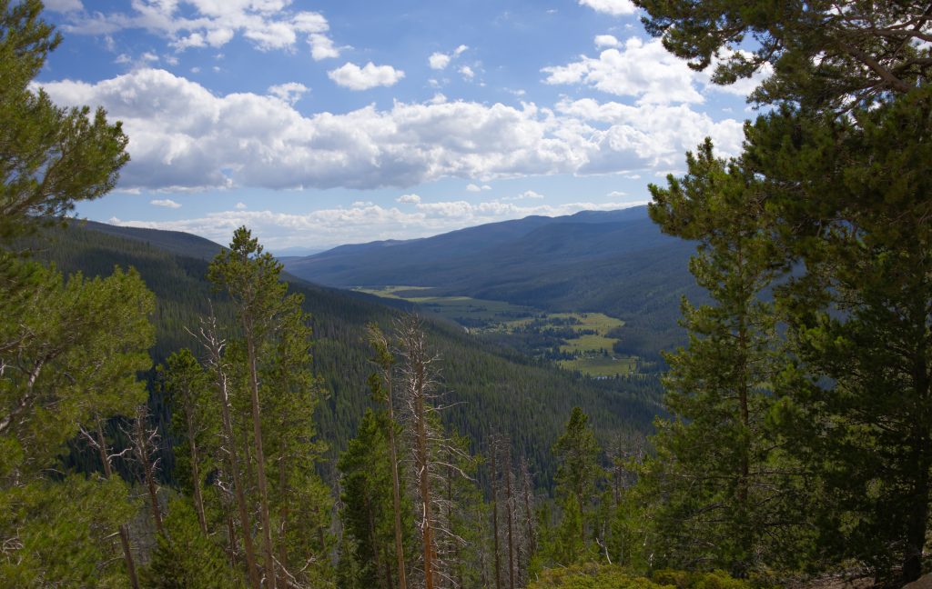 View South West on descent from the summit. The beginnings of the Colorado River can be seen flowing down the valley toward Grand Lake