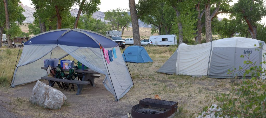 Our camp setup. There are some trees, but they only offer limited protection from the sun and heat during the day.