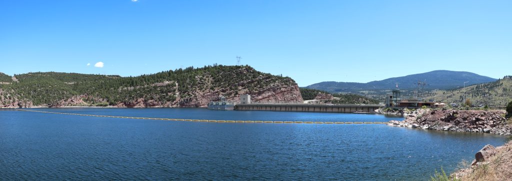 View of the Flaming Gorge Dam. Taken from the edge of the reservoir.