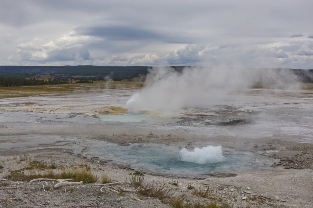 Geyser Basin -- Yellowstone. A dark day, overcast, gave a muted look to the normally very colourful pools of boiling water.