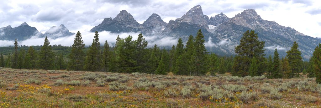 Early morning fog along the foot of the Tetons as seen from the Gros Ventre valley floor.