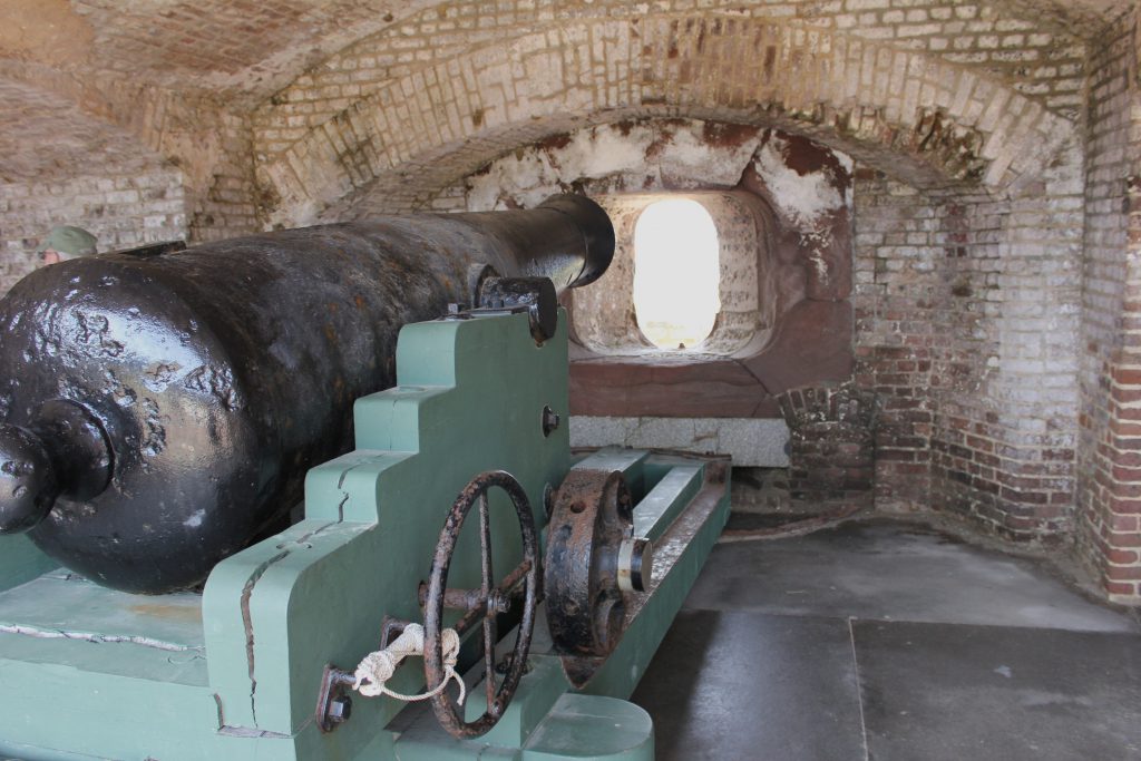 A cannon room inside Fort Sumter with portal for shooting. Note the rails for recoil, loading and subsequently moving forward for another shot.