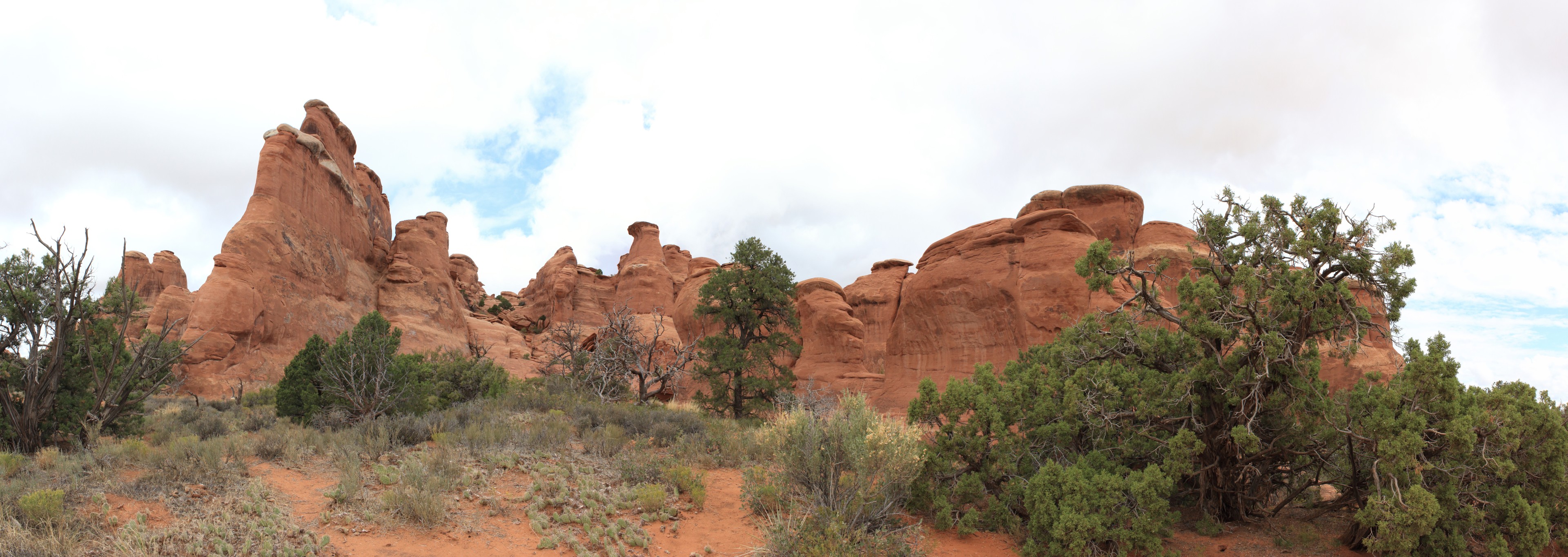 Picturesque setting along the trail to the Broken Arch. Pinyon pines, Utah Junipers, and the usual suspects from the desert vegetation line up. Backdrop of a set of fins just south of the campgrounds (closed in 2017).