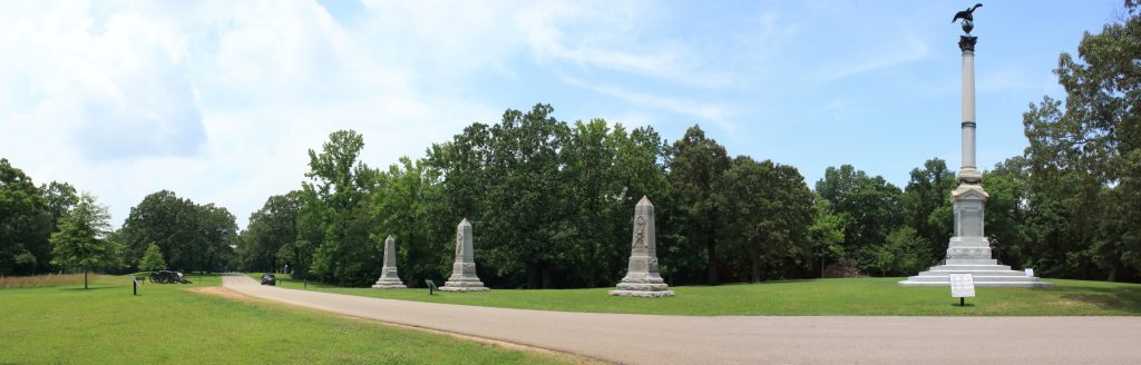 A line of memorials near the entrance to the Park battlefield.